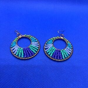 Handcrafted Blue and Green Beaded Hoop Earrings